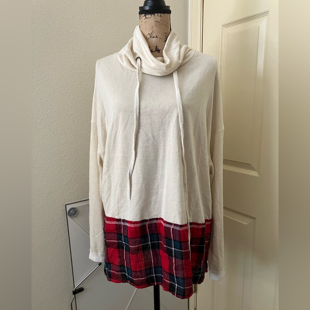 Umgee usa Cream plaid Knit cowl neck sweater top boho large L